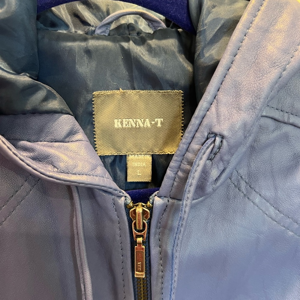 Kenna-T blue leather moto jacket with hood L - Picture 3 of 12